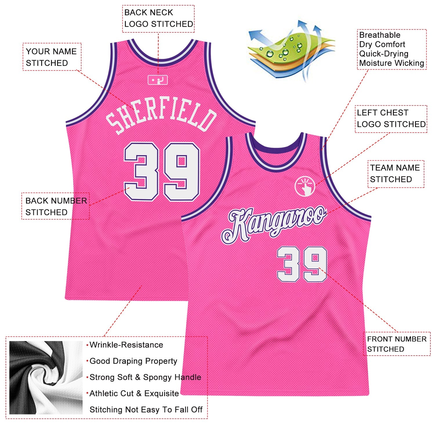 Custom Pink White-Purple Authentic Throwback Basketball Jersey view 2