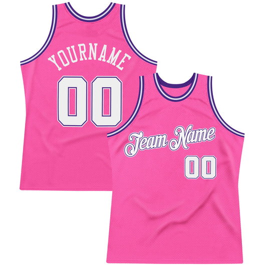 Custom Pink White-Purple Authentic Throwback Basketball Jersey - Main View