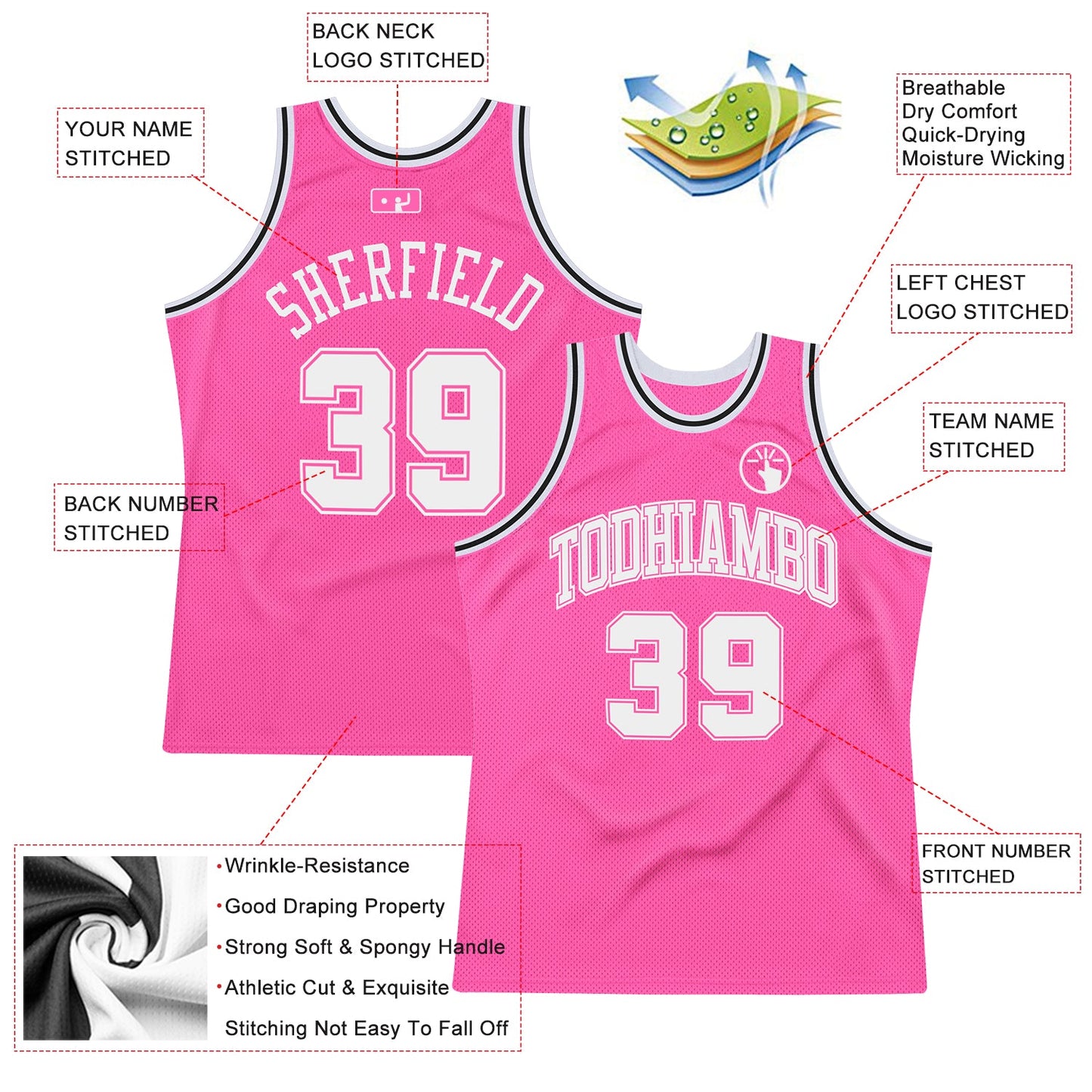 Custom Pink White-Black Authentic Throwback Basketball Jersey view 2
