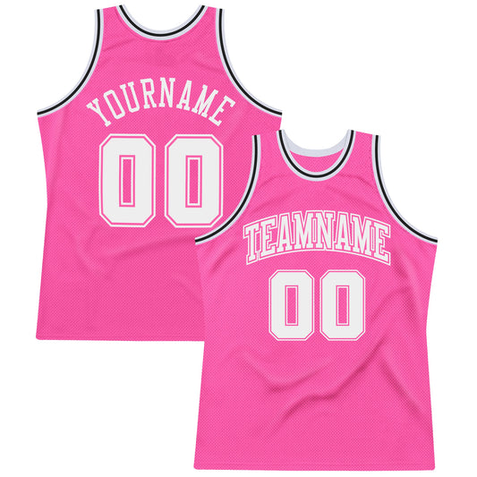 Custom Pink White-Black Authentic Throwback Basketball Jersey - Main View