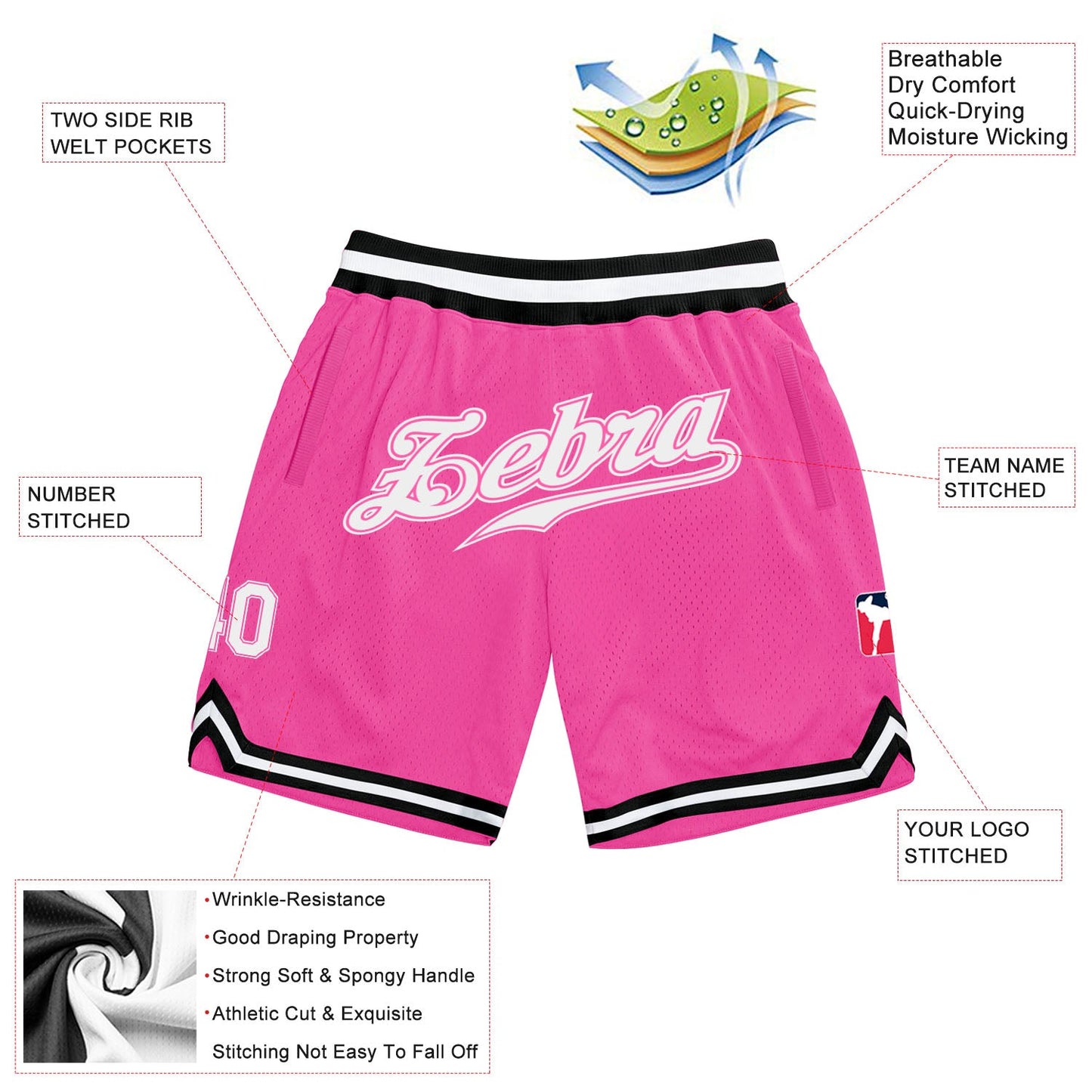 Custom Pink White-Black Authentic Throwback Basketball Shorts view 2