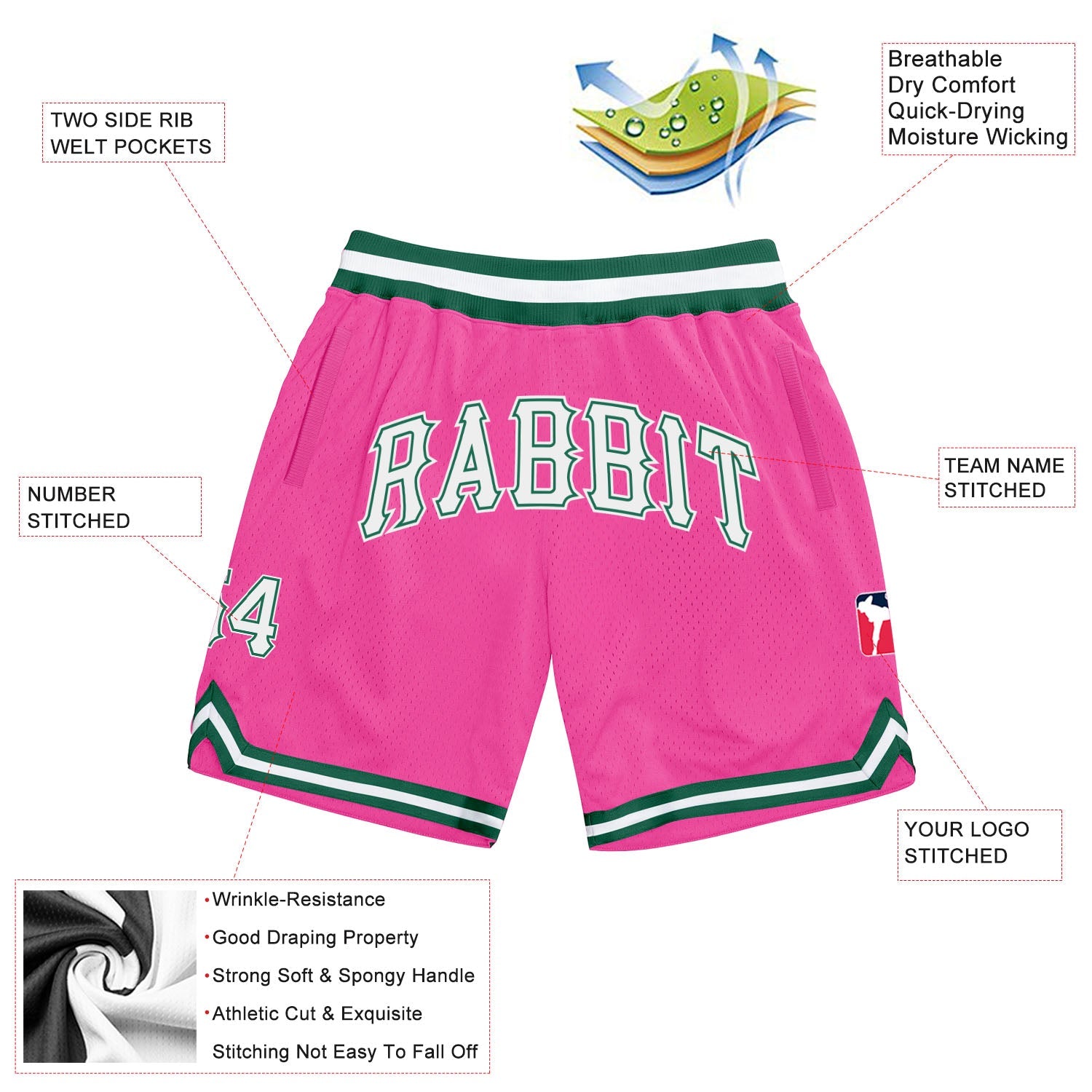 Custom Pink White-Kelly Green Authentic Throwback Basketball Shorts view 2