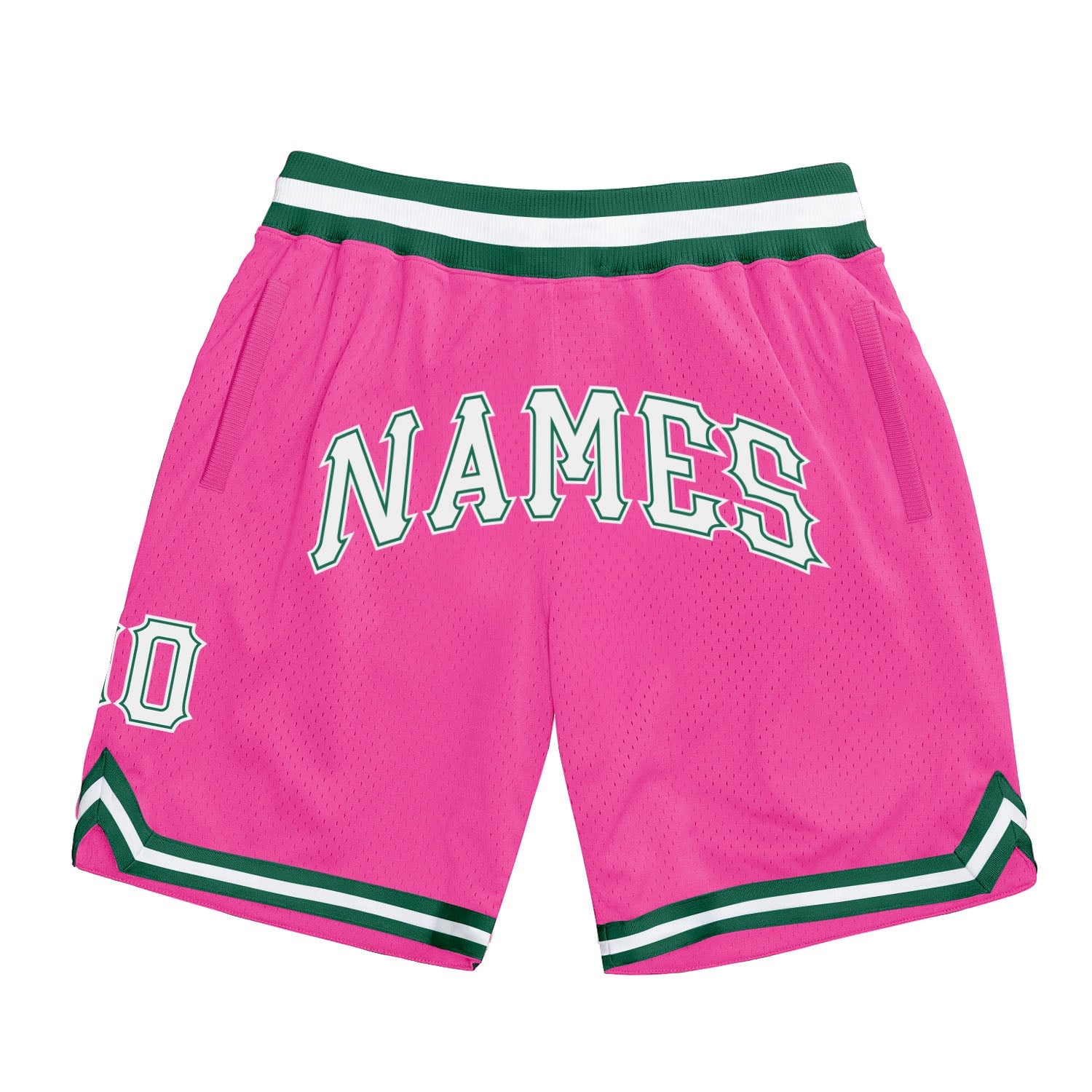 Custom Pink White-Kelly Green Authentic Throwback Basketball Shorts - Main View