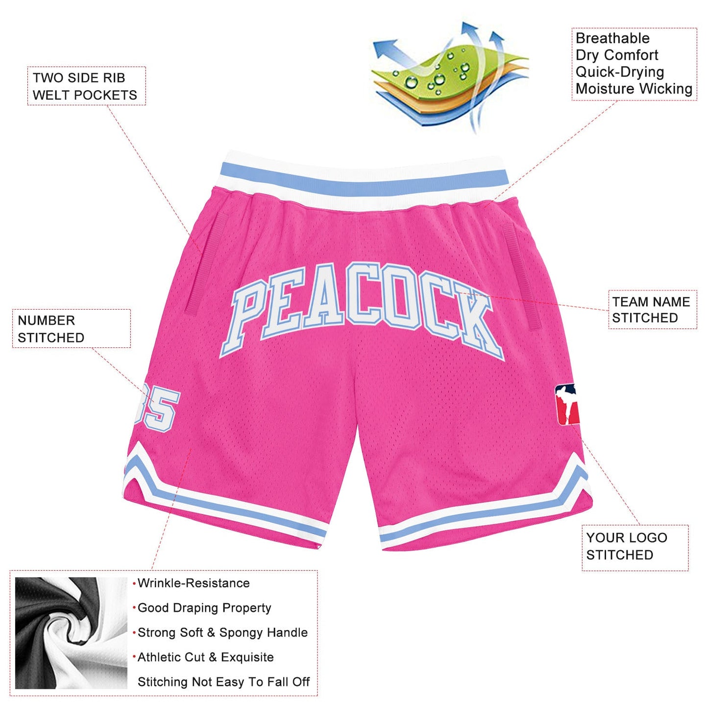 Custom Pink White-Light Blue Authentic Throwback Basketball Shorts view 2