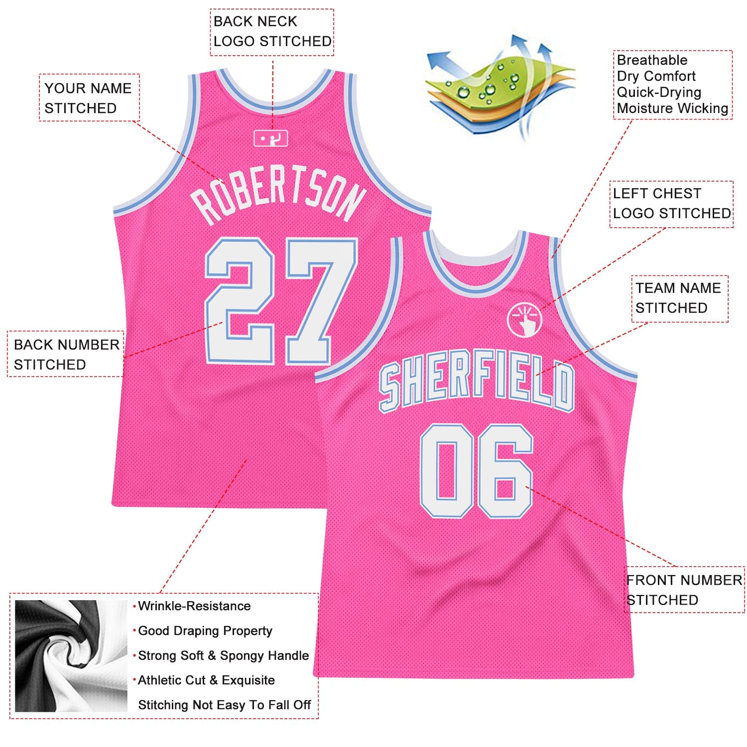 Custom Pink White-Light Blue Authentic Throwback Basketball Jersey view 2