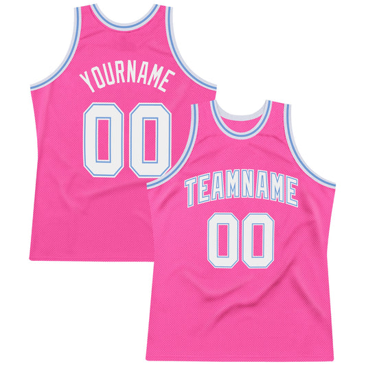Custom Pink White-Light Blue Authentic Throwback Basketball Jersey - Main View
