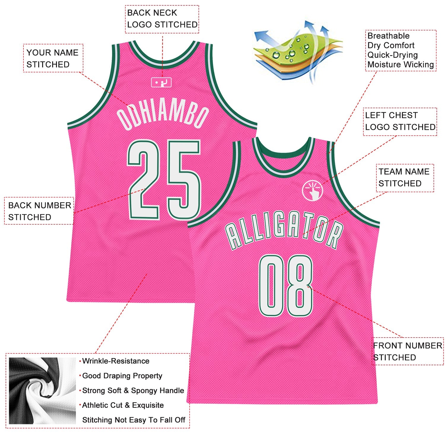 Custom Pink White-Kelly Green Authentic Throwback Basketball Jersey view 3