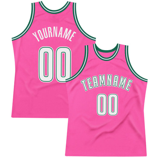 Custom Pink White-Kelly Green Authentic Throwback Basketball Jersey - Main View