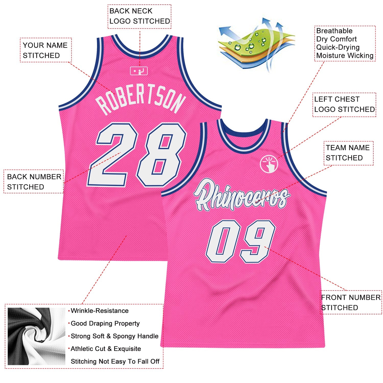 Custom Pink White-Royal Authentic Throwback Basketball Jersey view 2