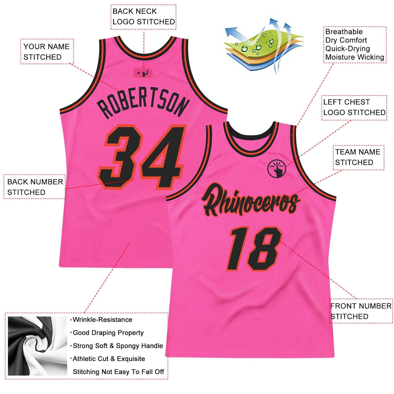 Custom Pink Black-Orange Authentic Throwback Basketball Jersey view 2
