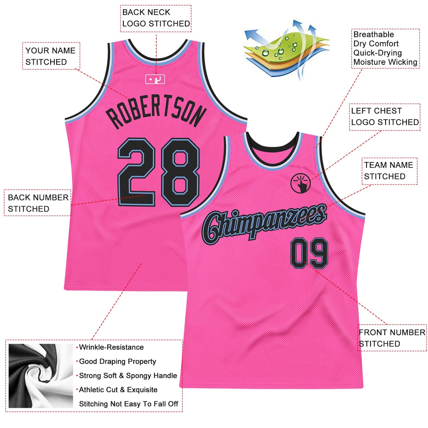 Custom Pink Black-Light Blue Authentic Throwback Basketball Jersey view 2