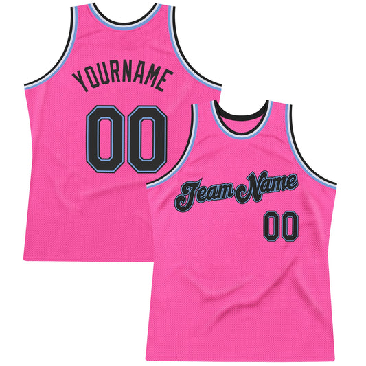 Custom Pink Black-Light Blue Authentic Throwback Basketball Jersey - Main View