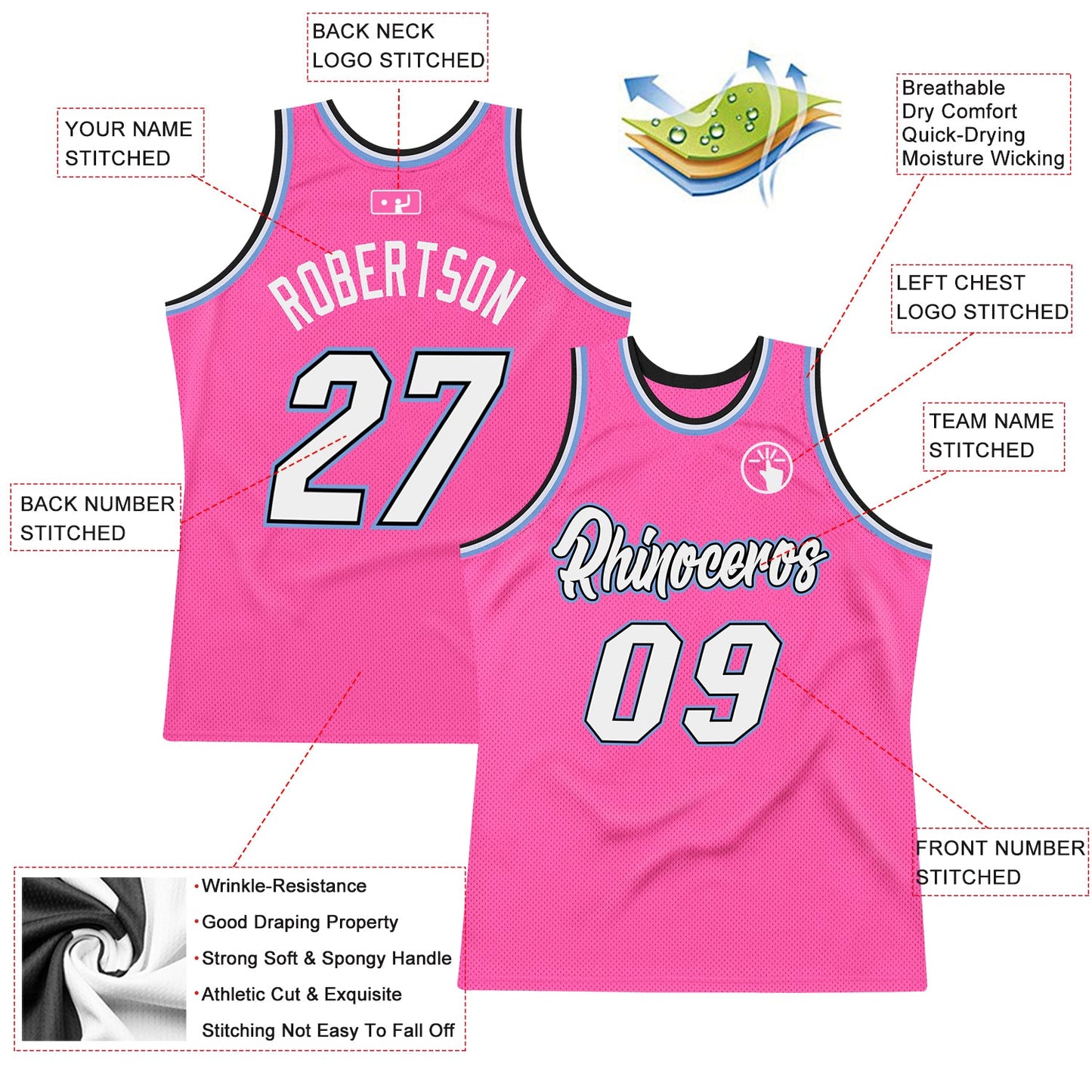 Custom Pink White-Light Blue Authentic Throwback Basketball Jersey view 2