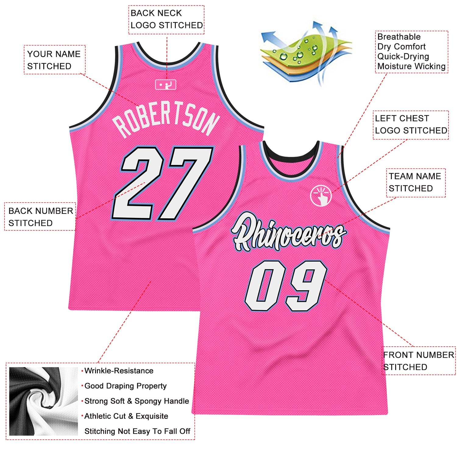 Custom Pink White-Light Blue Authentic Throwback Basketball Jersey view 2