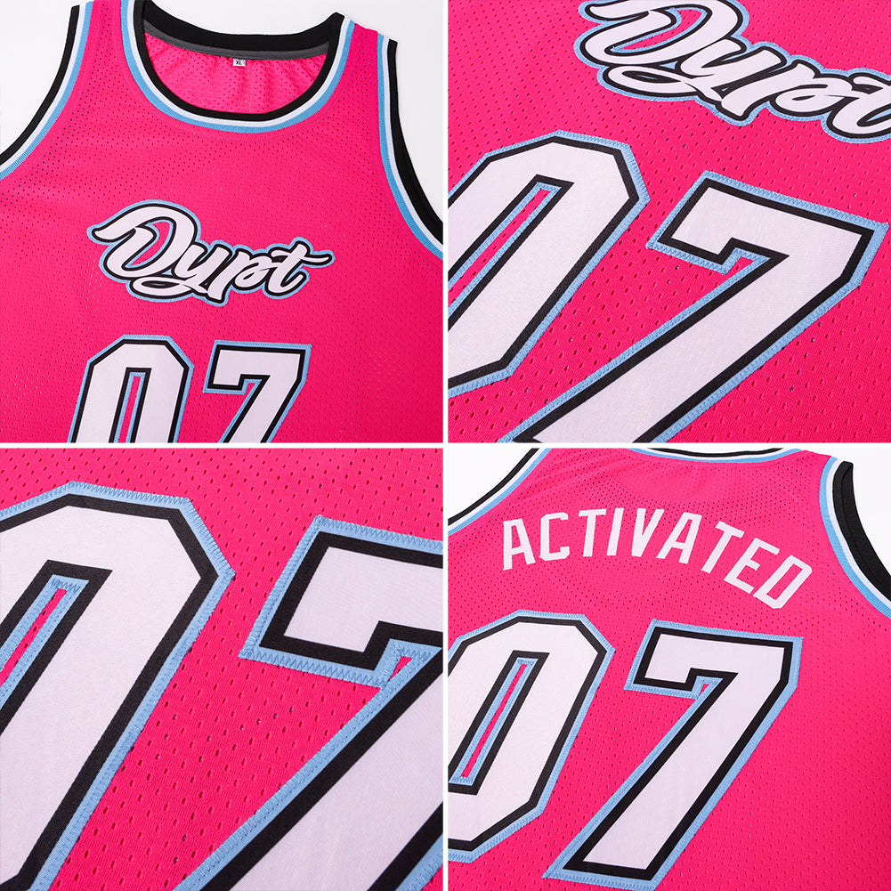 Custom Pink White-Light Blue Authentic Throwback Basketball Jersey view 5