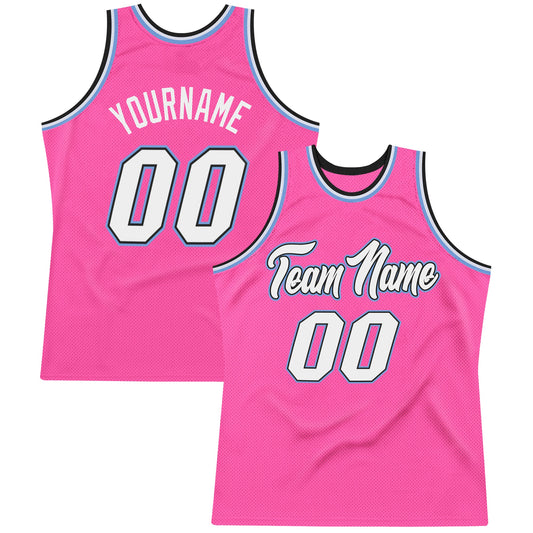 Custom Pink White-Light Blue Authentic Throwback Basketball Jersey - Main View