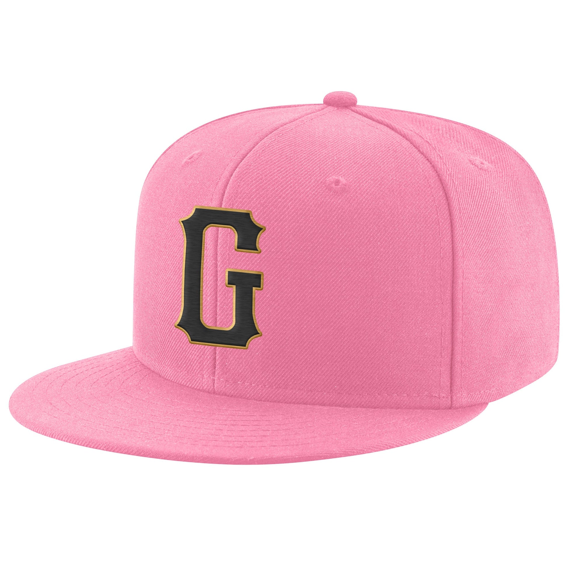 Custom Pink Black-Old Gold Stitched Adjustable Snapback Hat - Main View
