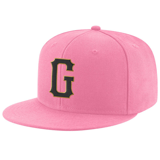 Custom Pink Black-Old Gold Stitched Adjustable Snapback Hat - Main View