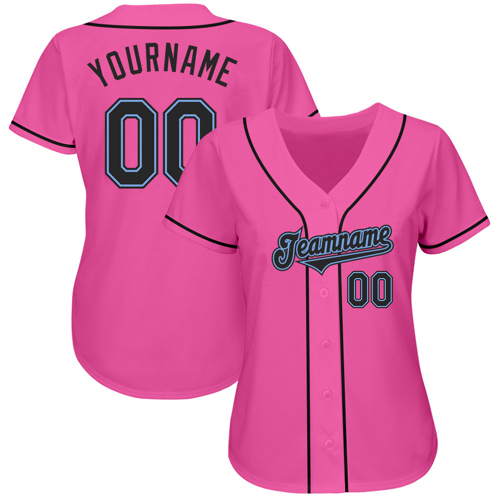 Custom Pink Black-Light Blue Authentic Baseball Jersey view 2