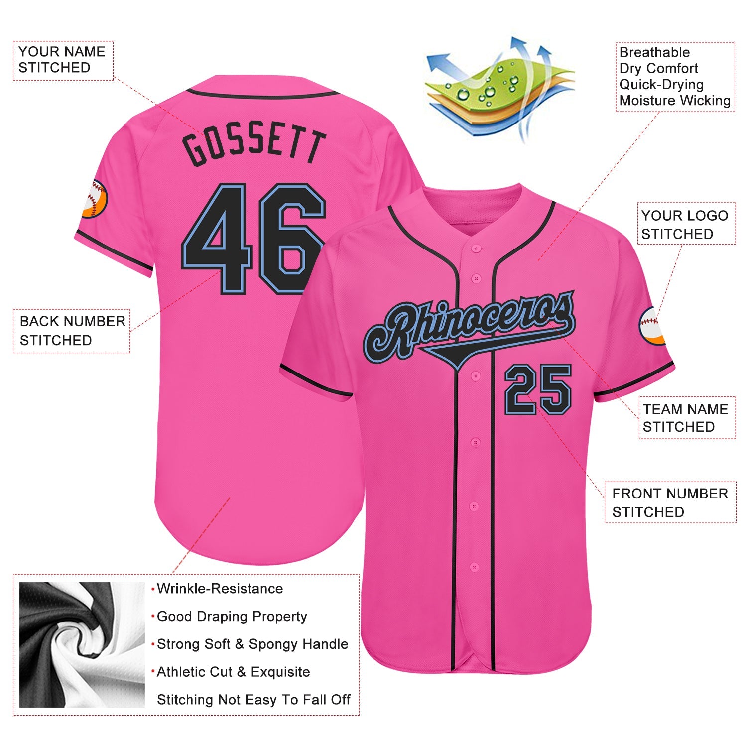 Custom Pink Black-Light Blue Authentic Baseball Jersey view 3