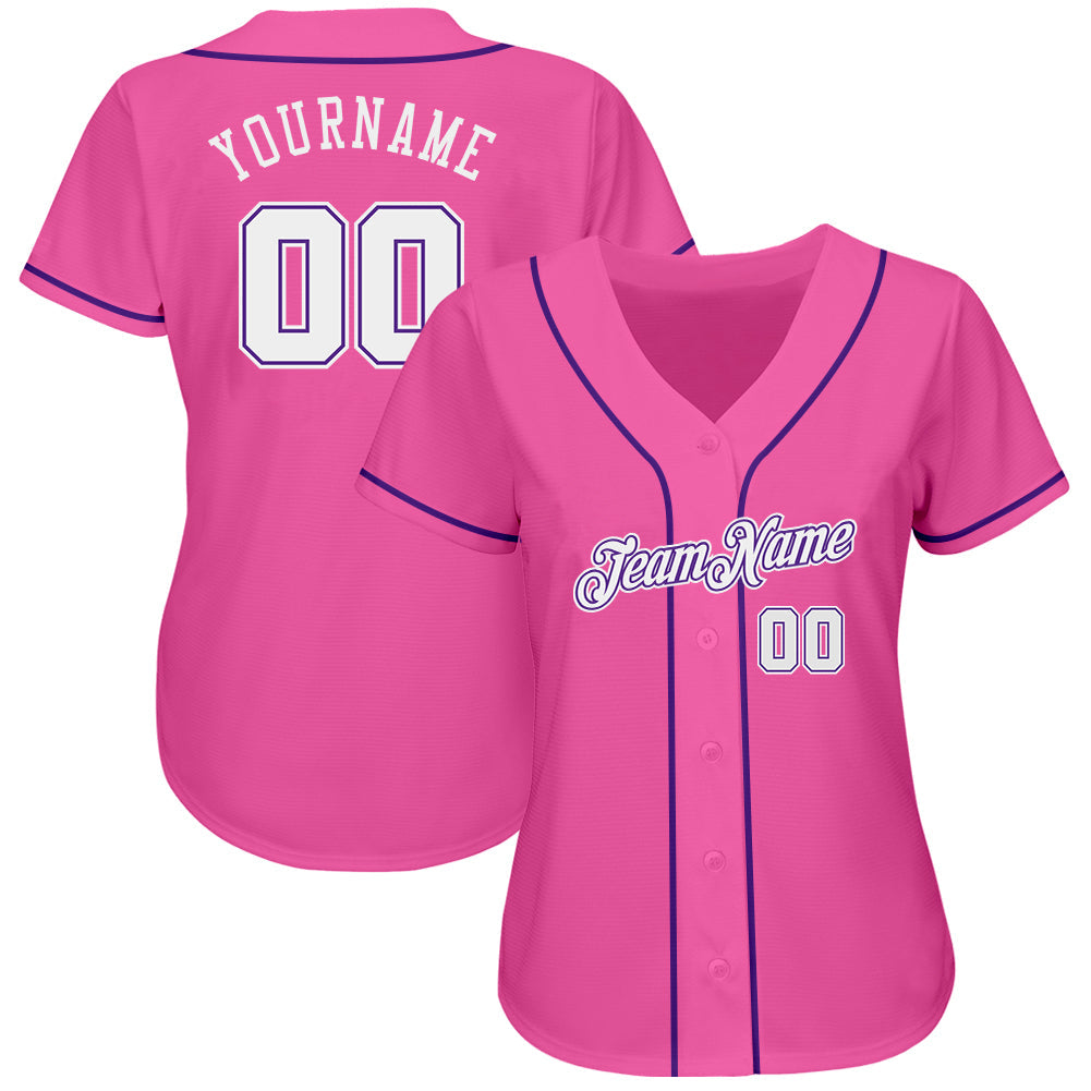 Custom Pink White-Purple Authentic Baseball Jersey view 2
