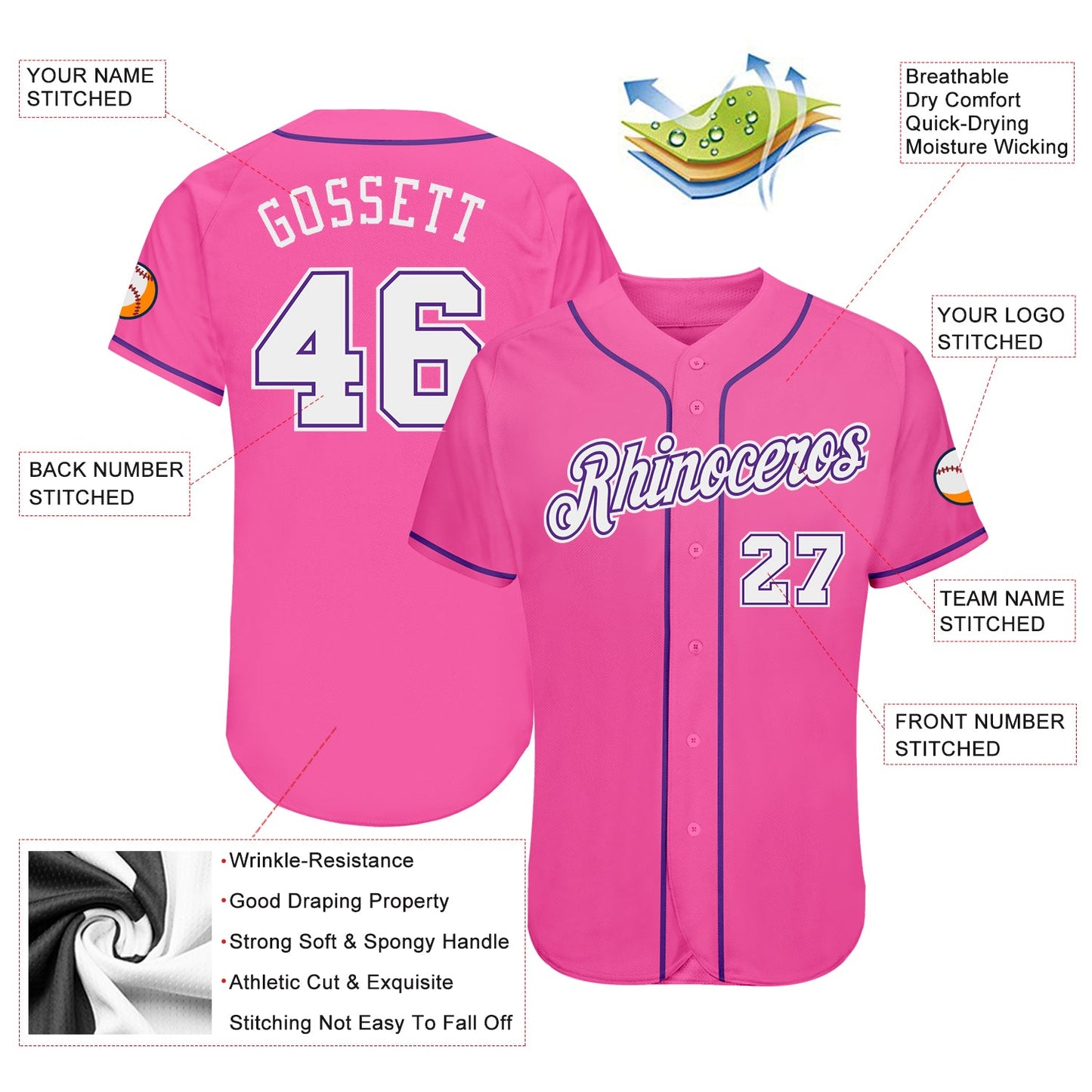 Custom Pink White-Purple Authentic Baseball Jersey view 3