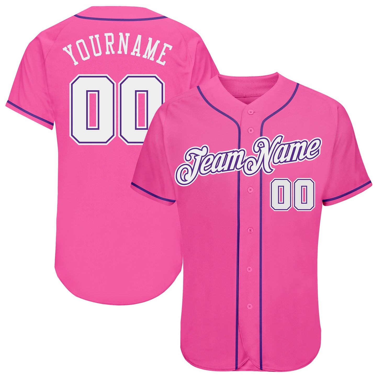 Custom Pink White-Purple Authentic Baseball Jersey - Main View
