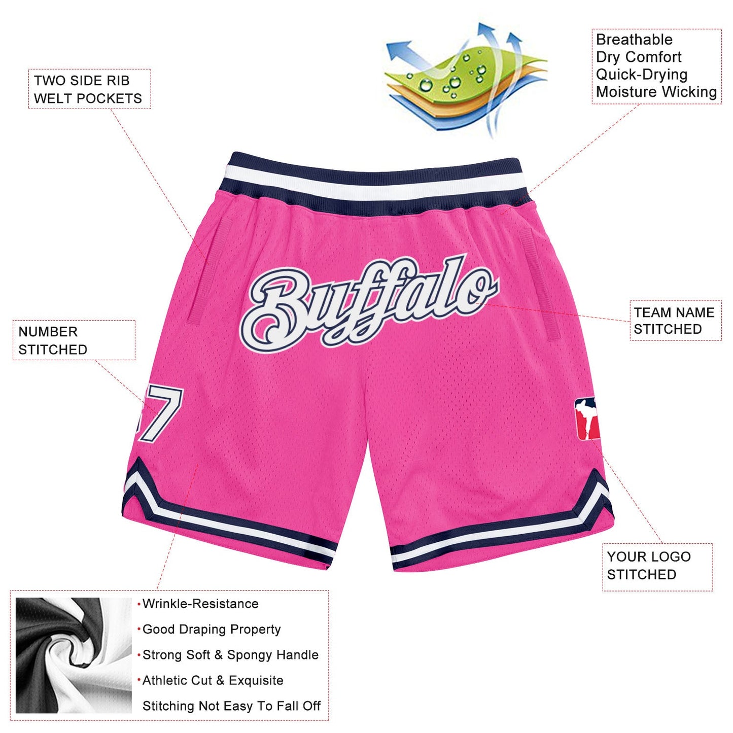 Custom Pink White-Navy Authentic Throwback Basketball Shorts view 2