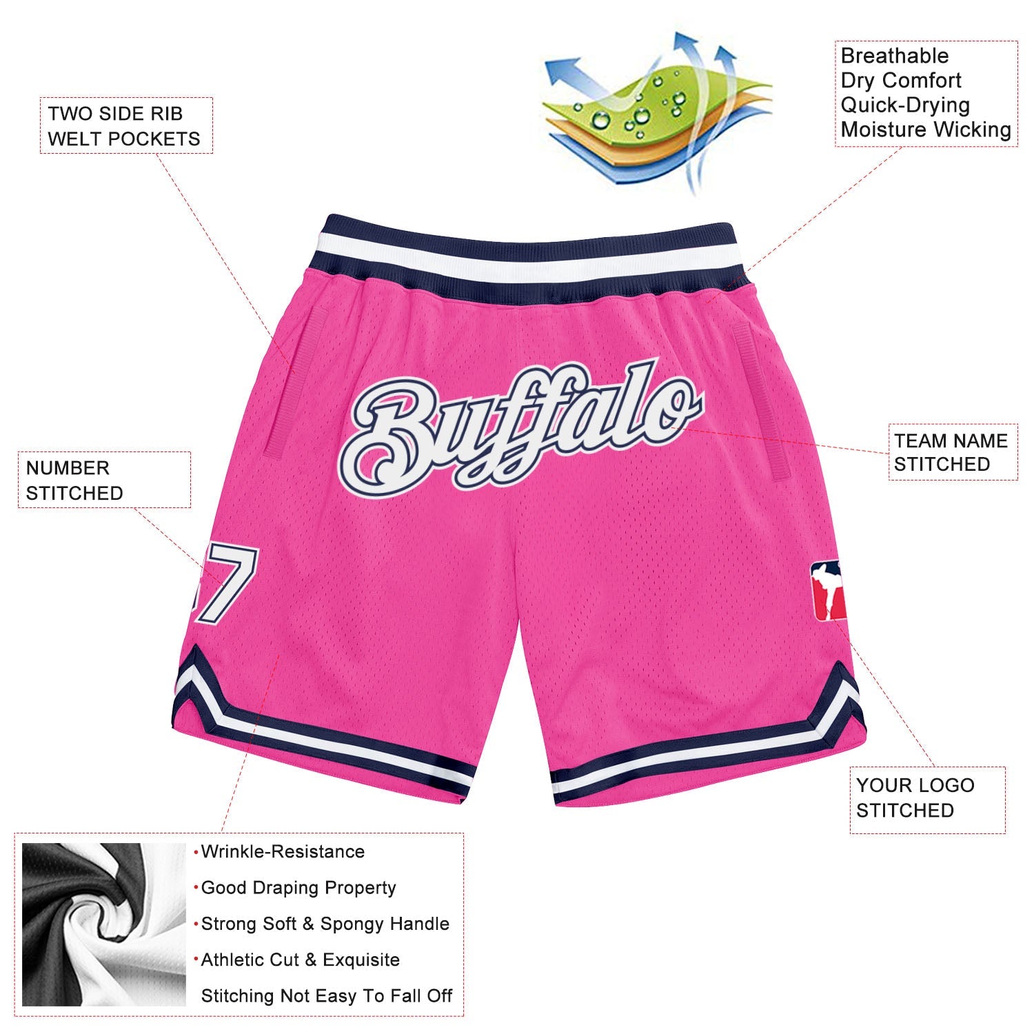 Custom Pink White-Navy Authentic Throwback Basketball Shorts view 2