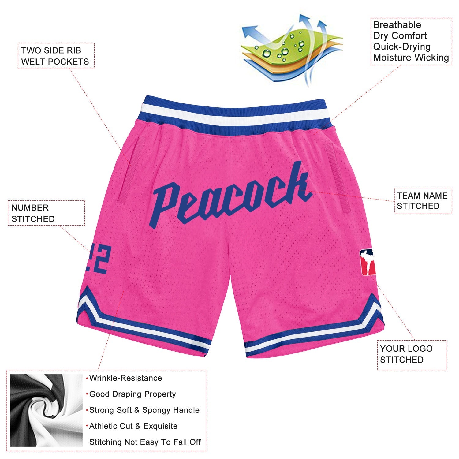 Custom Pink Royal-White Authentic Throwback Basketball Shorts view 2