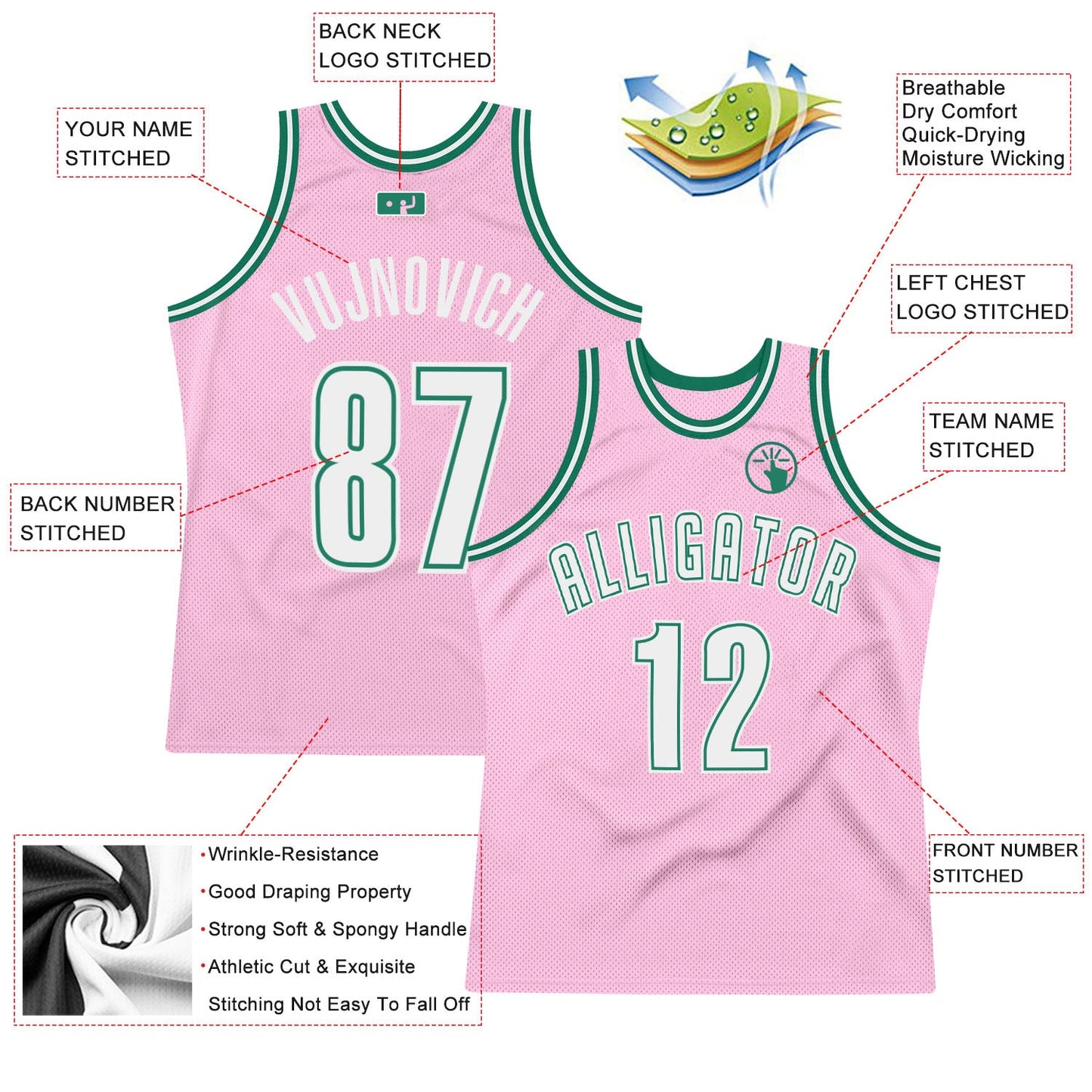 Custom Light Pink White-Kelly Green Authentic Throwback Basketball Jersey view 2