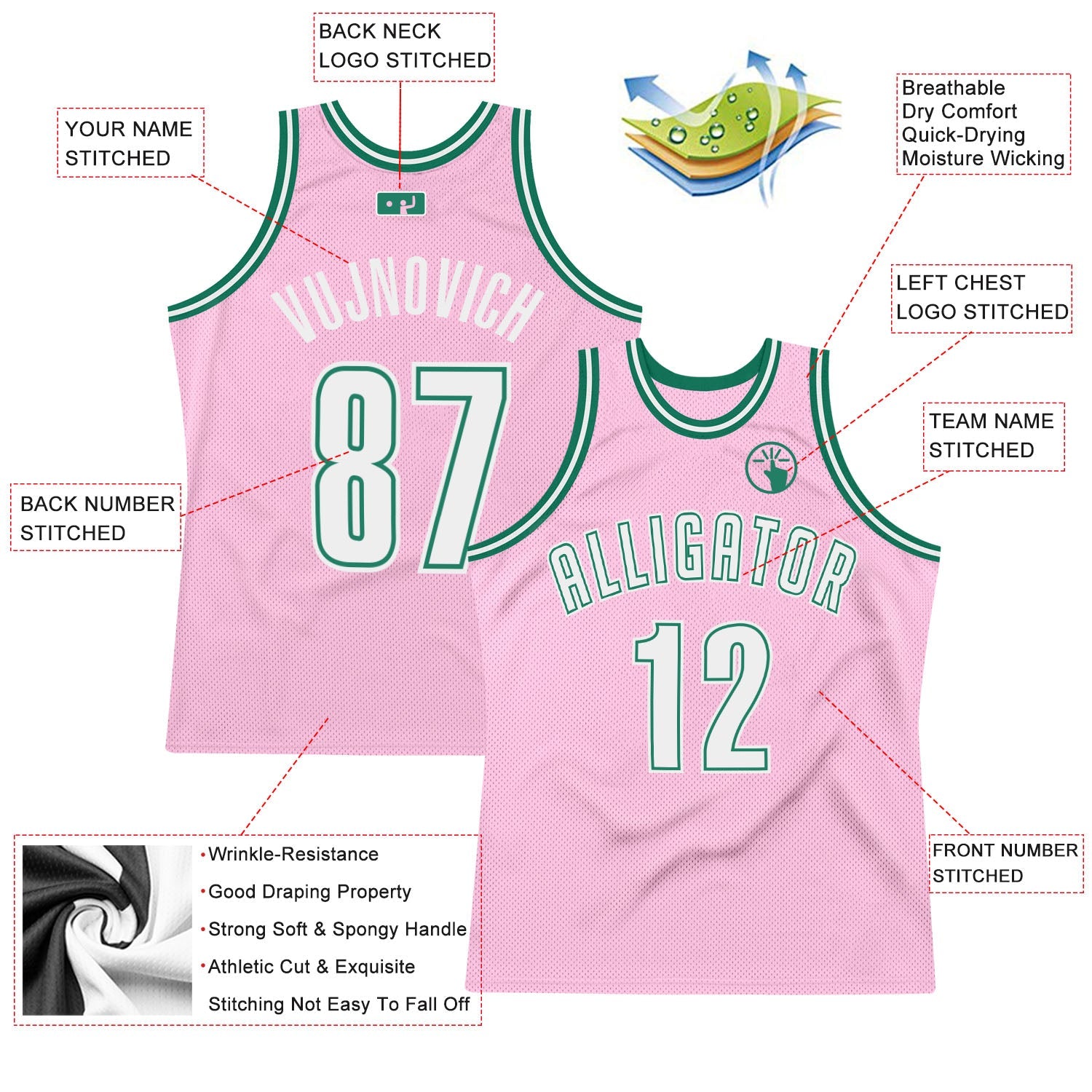 Custom Light Pink White-Kelly Green Authentic Throwback Basketball Jersey view 2