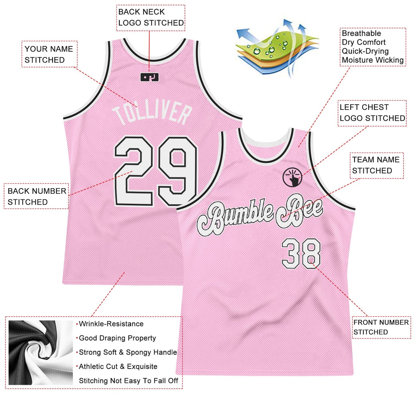 Custom Light Pink White-Black Authentic Throwback Basketball Jersey view 3