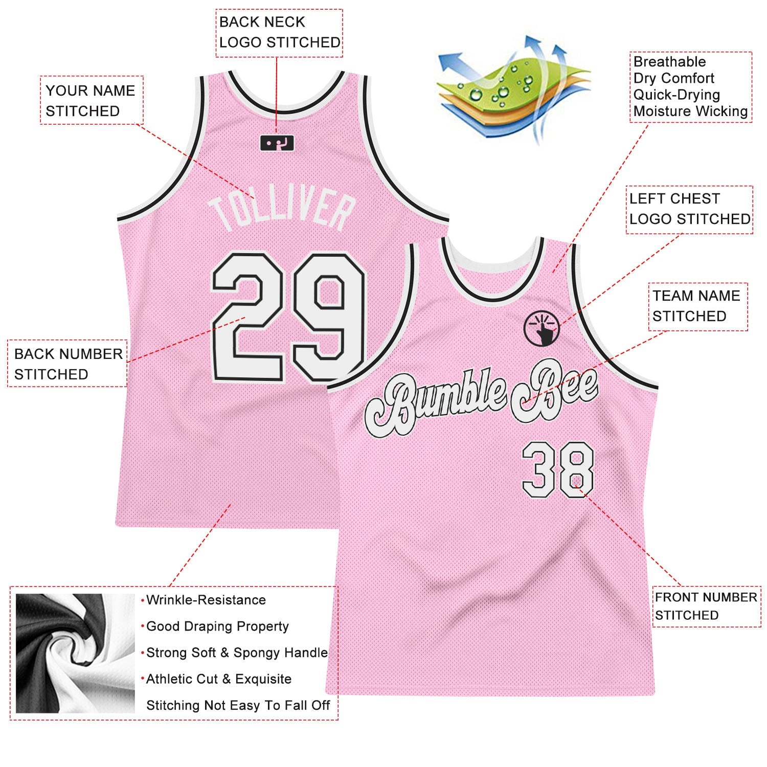 Custom Light Pink White-Black Authentic Throwback Basketball Jersey view 3