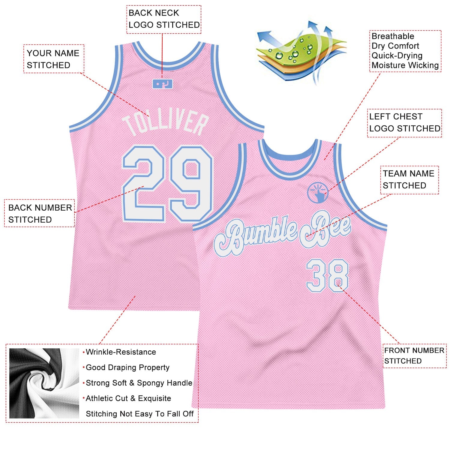 Custom Light Pink White-Light Blue Authentic Throwback Basketball Jersey view 3