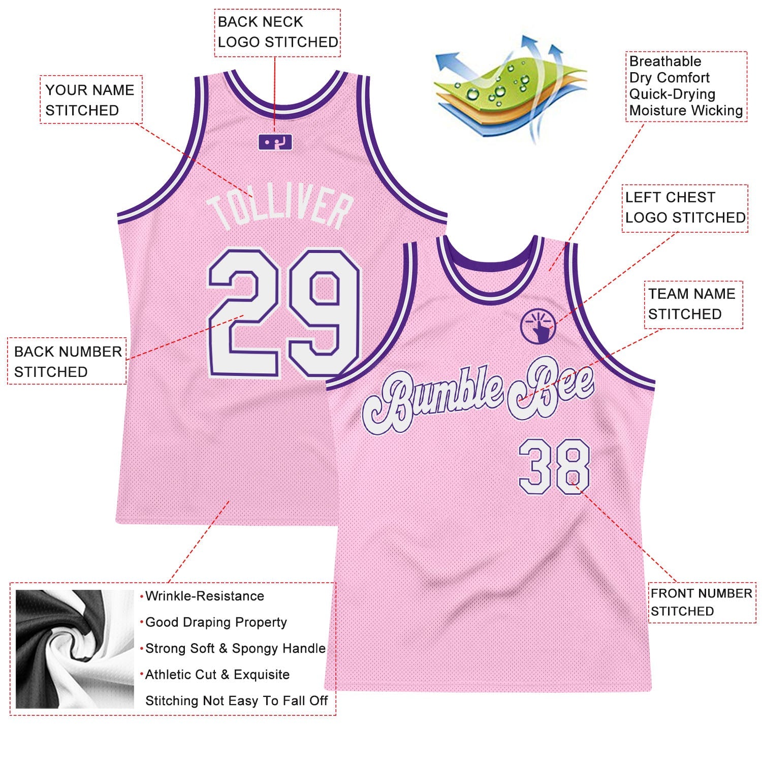 Custom Light Pink White-Purple Authentic Throwback Basketball Jersey view 2