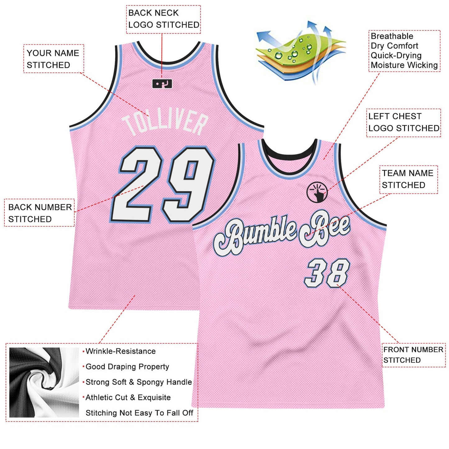 Custom Light Pink White-Light Blue Authentic Throwback Basketball Jersey view 2