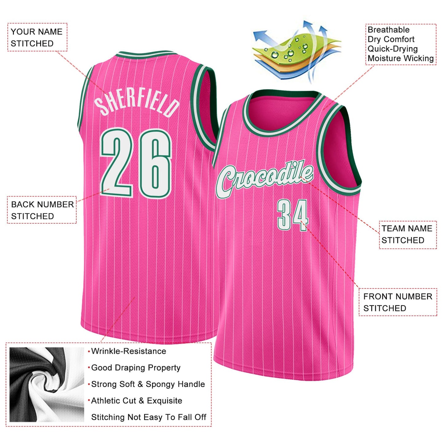 Custom Pink White Pinstripe White-Kelly Green Authentic Basketball Jersey view 2