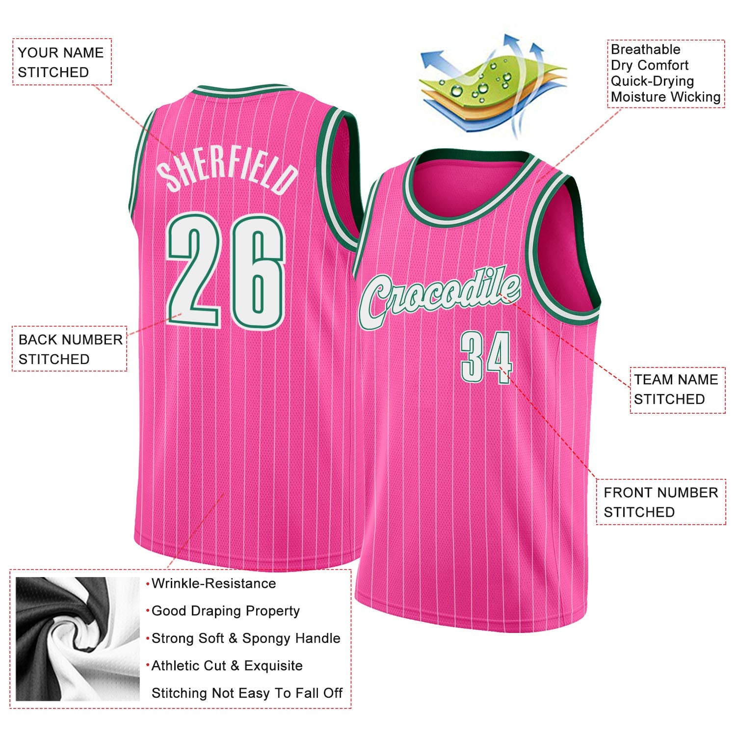 Custom Pink White Pinstripe White-Kelly Green Authentic Basketball Jersey view 2