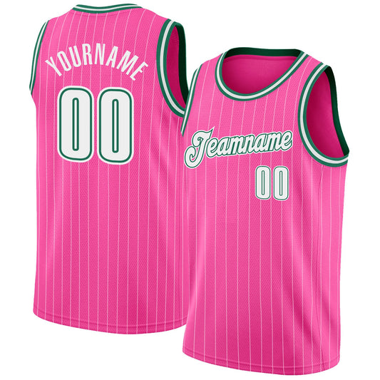 Custom Pink White Pinstripe White-Kelly Green Authentic Basketball Jersey - Main View
