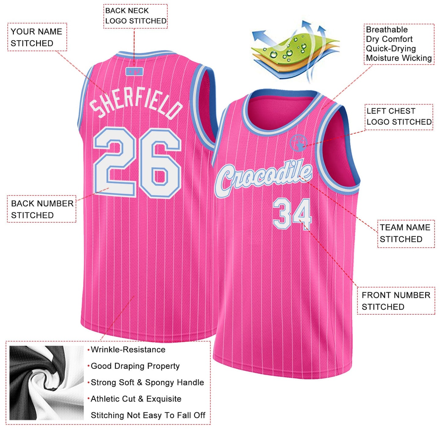 Custom Pink White Pinstripe White-Light Blue Authentic Basketball Jersey view 2