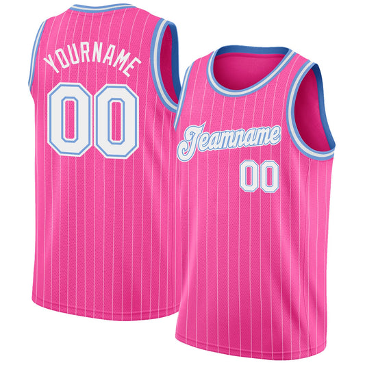 Custom Pink White Pinstripe White-Light Blue Authentic Basketball Jersey - Main View