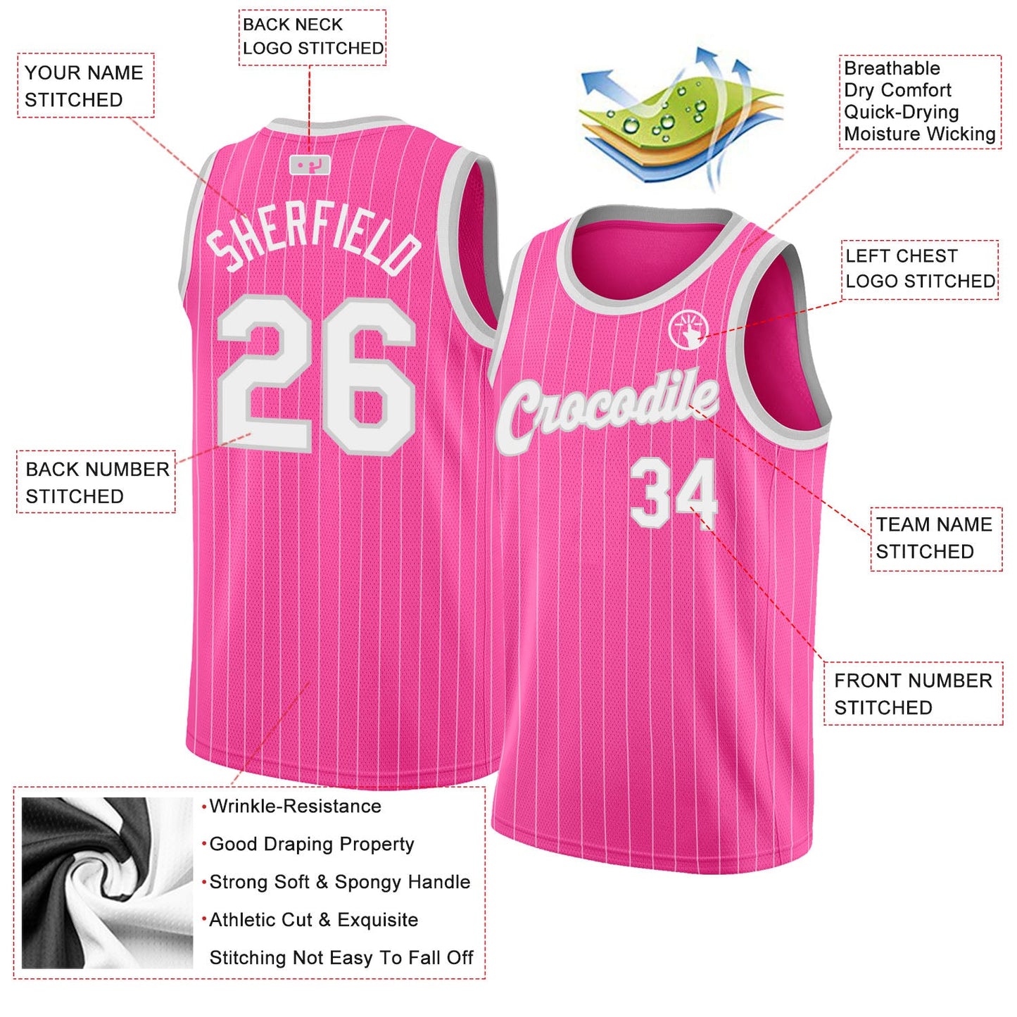 Custom Pink White Pinstripe White-Gray Authentic Basketball Jersey view 2