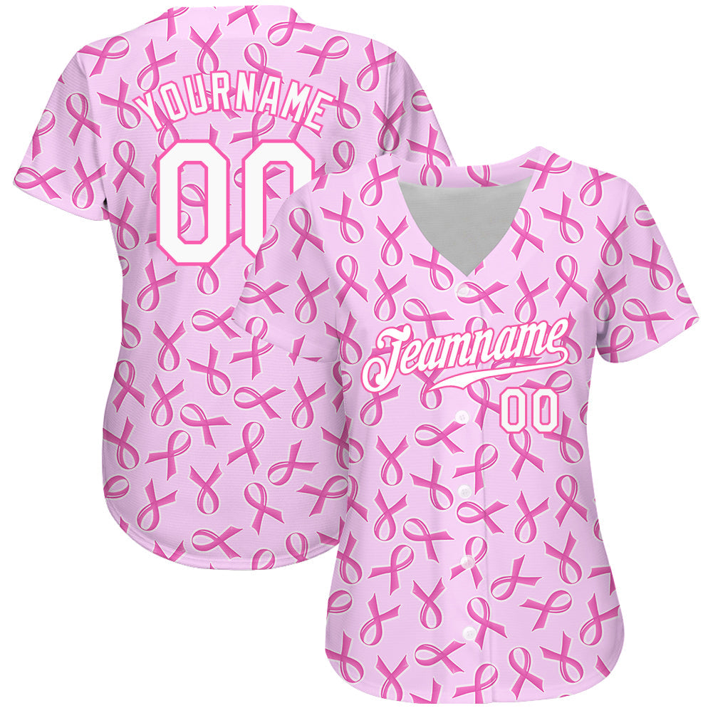 Custom Pink White 3D Pattern Design Breast Cancer Authentic Baseball Jersey view 2