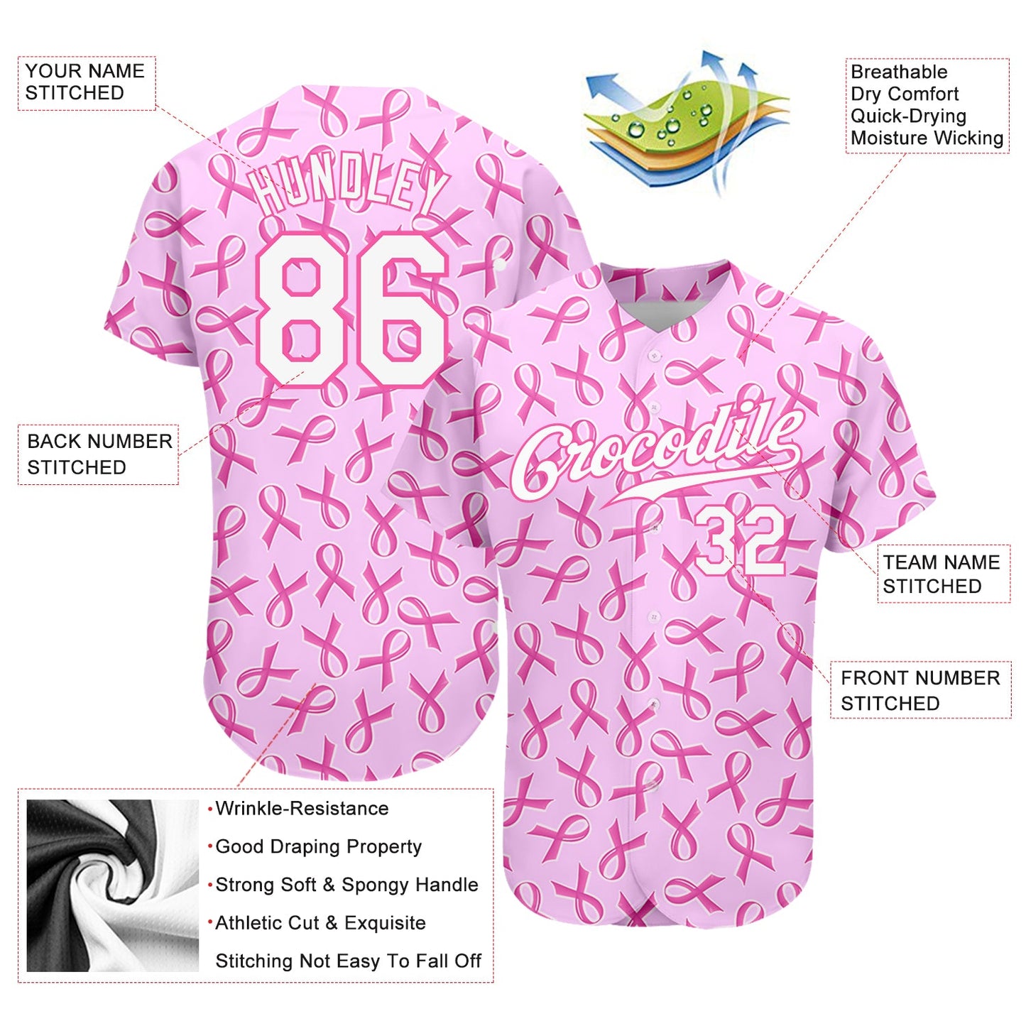 Custom Pink White 3D Pattern Design Breast Cancer Authentic Baseball Jersey view 3