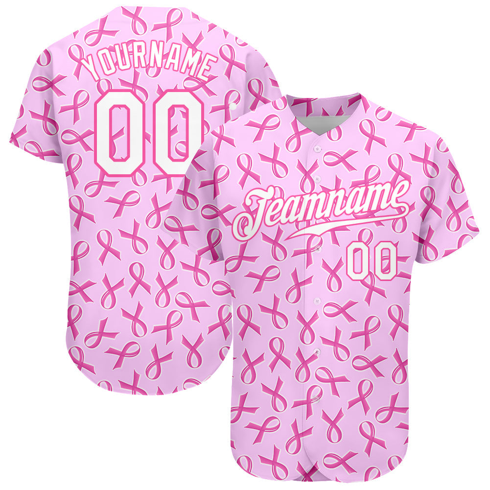 Custom Pink White 3D Pattern Design Breast Cancer Authentic Baseball Jersey - Main View