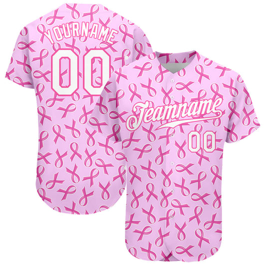 Custom Pink White 3D Pattern Design Breast Cancer Authentic Baseball Jersey - Main View