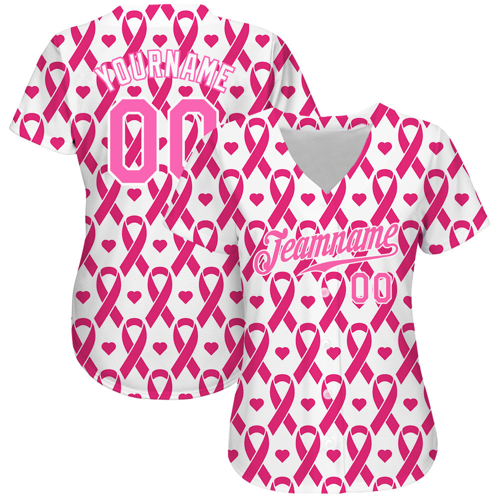 Custom Pink Pink-White 3D Pattern Design Breast Cancer Authentic Baseball Jersey view 2