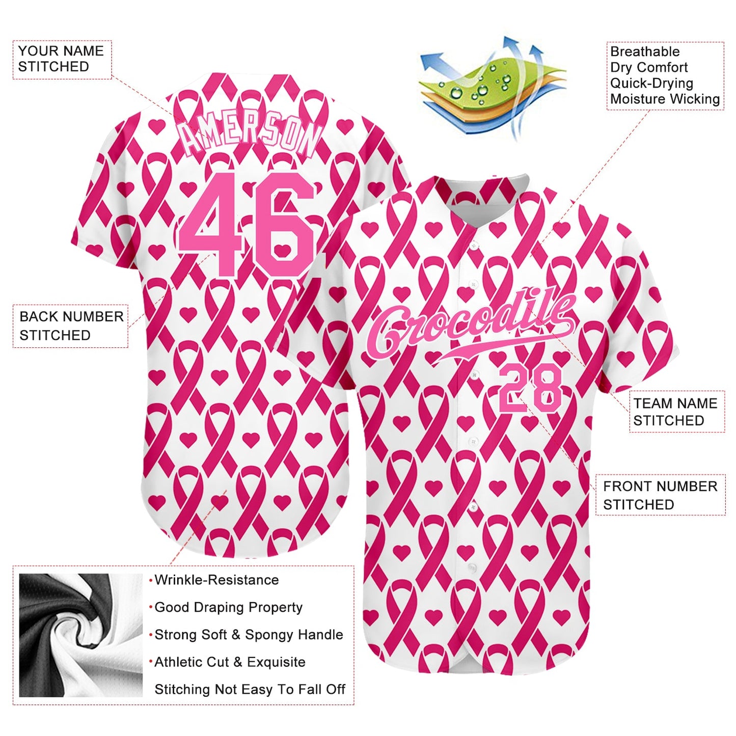 Custom Pink Pink-White 3D Pattern Design Breast Cancer Authentic Baseball Jersey view 3