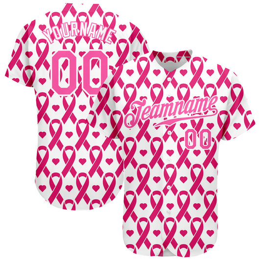 Custom Pink Pink-White 3D Pattern Design Breast Cancer Authentic Baseball Jersey - Main View